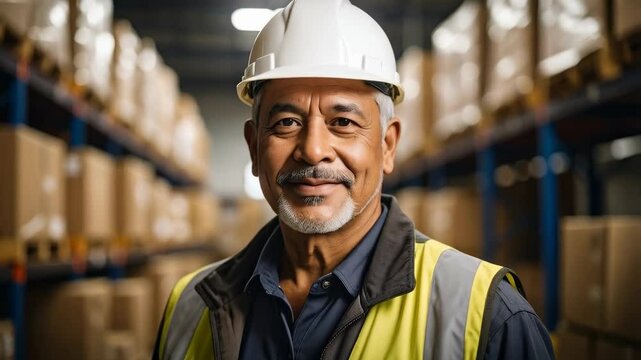 Mature warehouse worker with safety vest and hard hat standing in front of rows of stacked cardboard boxes on shelving units in storage facility.