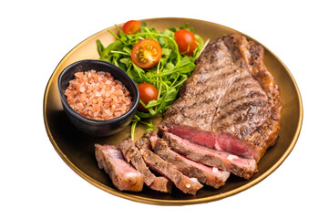 Grilled New York strip steak, beef meat steak on a plate with salad isolated on white background