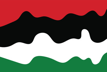 Abstract wavy background featuring horizontal red, black, white, and green stripes symbolizing the Palestinian flag, with fluid, organic shapes blending each color.