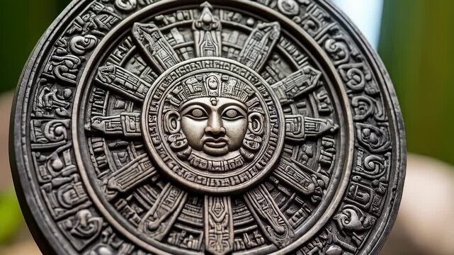 Close-up shot of ancient Aztec sunstone with intricate carvings and central human face against a blurry jungle background for detailed design work