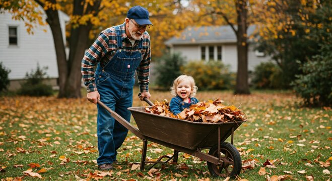 Grandfather and Toddler Working Together in Fall Leaves - Joyful Autumn Activities in a Backyard