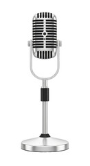 Fototapeta premium Classic chrome vintage microphone with stand, professional audio equipment for broadcasting, podcasting, and music recording, isolated on white background for commercial use