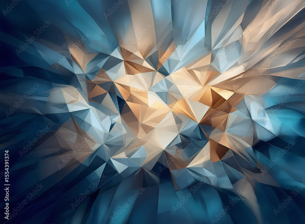 Fototapete abstract geometric background featuring dynamic blue and gold polygonal shards forming a burst effec