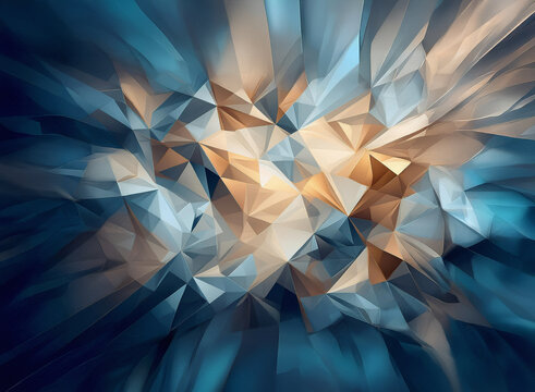 Abstract geometric background featuring dynamic blue and gold polygonal shards forming a burst effect. Modern and visually striking backdrop.