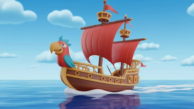 Animated 3D Pirate Ship with Red Sails Parrot Figurehead Sailing on Blue Ocean under Cloudy Sky Cartoon Render