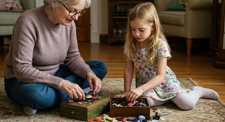 Grandmother and Young Girl Bonding While Sorting Buttons at Home in Cozy Living Room