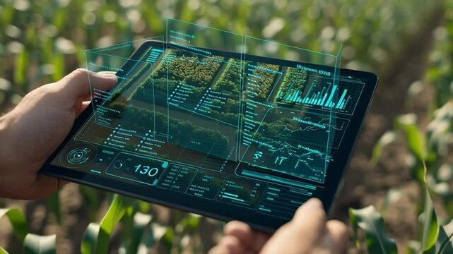 Modern Agriculture Technology, Digital Farming Analysis on Tablet in Green Field with Data Visualization