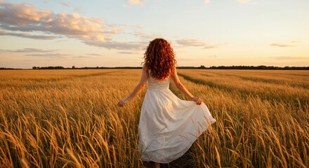 Young Woman in White Dress Standing in Golden Wheat Field at Sunset