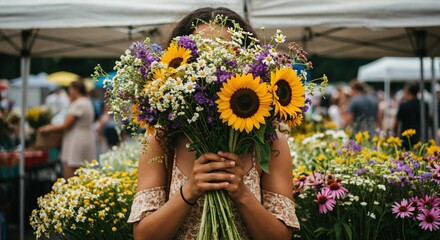 Young Woman Holding Sunflower Bouquet at Vibrant Flower Market with Busy Background