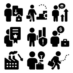 Employment Challenge Icons. Solid, filled icons set of employment challenges: job loss, skill gap,