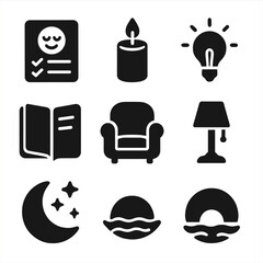 Evening Reflection Icons. Solid, filled icons set of daily wrap-up and reflection: calm checklist, cozy candle