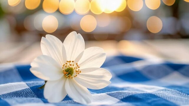 Delicate white flower resting on a blue and white checkered picnic blanket with soft, glowing light bokeh in background