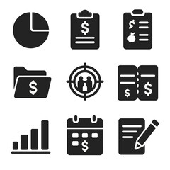 Family Budget Icons. Solid, filled icons set of creating a family budget plan: pie chart, income tracker,