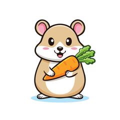 Minimal Flat Vector of Cute Hamster Holding Carrot with Bold Black Outline Happy Expression