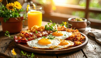 Delicious breakfast spread featuring sunny-side up eggs, crispy bacon, and fresh herbs, perfect for a morning meal.