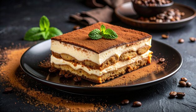 Delicious slice of tiramisu dessert elegantly plated with cocoa and mint leaves, showcasing rich flavors and creamy texture.