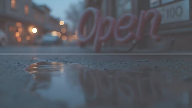 Open neon sign reflecting in puddle on street at dusk  