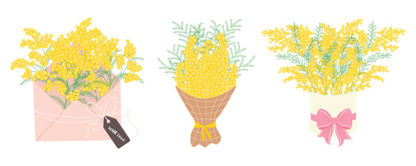 Set of Mimosa Bouquets. Spring Yellow Flowers Collection. Floral illustration in a soft, elegant style for spring holidays