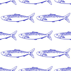 Seamless pattern with hand drawn sardine fish in blue. Ideal for seafood packaging, kitchen textiles, restaurant branding, wrapping paper, or retro nautical-themed designs