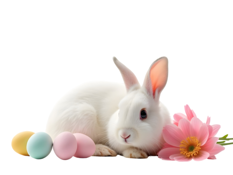White Easter Bunny with Pastel Eggs and Pink Flowers Isolated on Black Background isolated on a transparent background