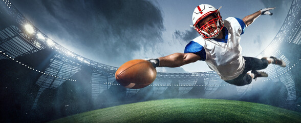 Athlete in white and blue uniform leaps forward, extending for catch on a 3D stadium field. Concept of motion analysis in athlete biomechanics. Competitive sports storytelling