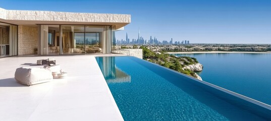Luxurious modern villa design featuring white decor and infinity pool with Dubai skyline reflection