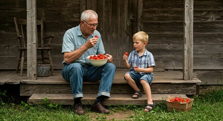 Grandfather and Young Boy Enjoying Fresh Strawberries on Rustic Porch
