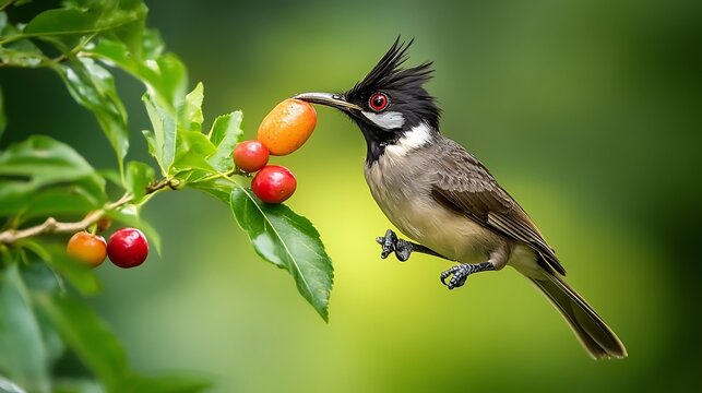 RedWhiskered Bulbul Bird Eating Berries Perched Near Green Leafy Branch in Nature