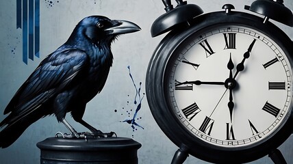 Raven and Clock on Gray Background A Dramatic Composition of Wildlife and Time in a Dark Artistic Style