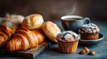 Bakery table with fresh croissants, muffins and hot coffee, morning warmth, space for overlay