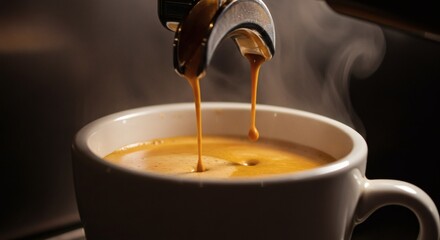 Macro view of a hot espresso being brewed, showing rich crema forming in a cup, highlighted by dramatic lighting and steamy ambiance.