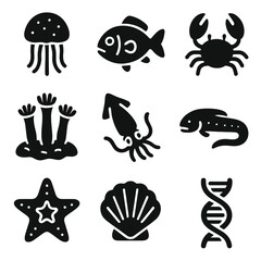Naklejka premium Marine Discoveries Icons. Solid, filled icons set of marine fauna discoveries: new jellyfish species,