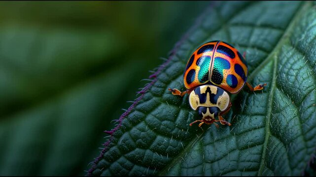A bright ladybug perched on a leaf shines in bold red and black, with the macro perspective highlighting its intricate patterns and the rich texture of the leaf&rsquo;s surface.
