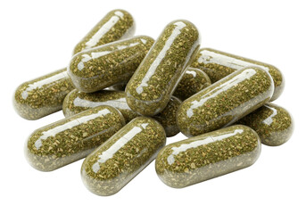 Isolated Pile of Green Herbal Medicine Capsules - Holistic Wellness