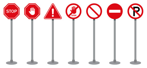 Set of red traffic signs including stop, warning, no entry, and no parking icons mounted on poles. Flat vector design for road safety, traffic control, and transportation themes.