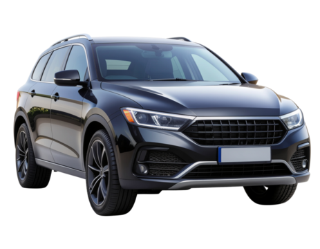 Black Luxury SUV with Chrome Accents, Three-Quarter Front View, isolated on transparent background 