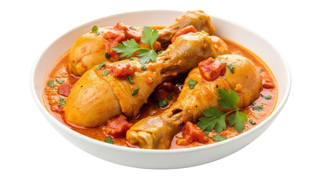 Gourmet chicken stew with drumsticks in tomato sauce, savory poultry curry dish in white bowl, traditional braised chicken legs with parsley garnish