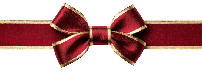 Luxurious red ribbon with gold trim tied into an elegant bow, isolated on a transparent background. Ideal for holiday packaging, gift wrapping, festive ads, or premium branding visuals.