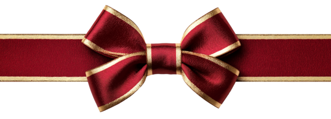 Luxurious red ribbon with gold trim tied into an elegant bow, isolated on a transparent background. Ideal for holiday packaging, gift wrapping, festive ads, or premium branding visuals.