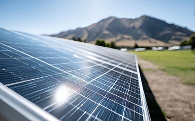 The sun casts its glow on a solar panel array set against a picturesque backdrop of rolling green mountains and lush countryside, where renewable energy harmonizes with nature
