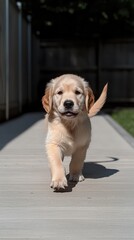 Playful Golden Retriever Puppy Walking Towards Camera on Path