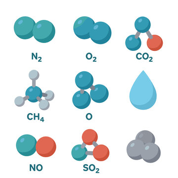 Atmospheric Molecules Icons. Isometric Flat icon set of atmospheric gas molecules: nitrogen molecule, oxygen molecule, carbon