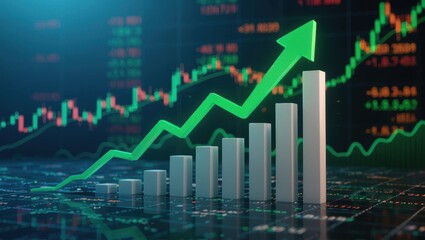 Green arrow charting upward trend over bar graph with stock market data displayed in background