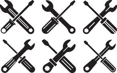 set of screwdriver and wrench crossed silhouette, black and white silhouette, vector and illustration