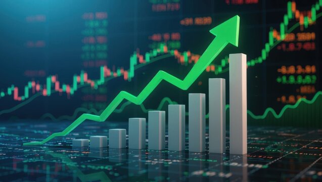 Green arrow charting upward trend over bar graph with stock market data displayed in background