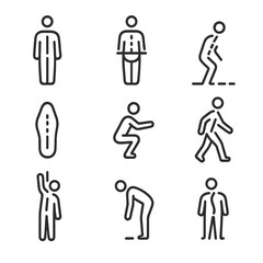 Fototapeta premium Body Balance Icons. Outline icon set of human body center of gravity: silhouette midline, pelvis marker, spine alignment, standing