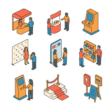 Brand Activation Icons. Isometric Flat icon set of brand activation events: branded booth, sampling table, interactive game