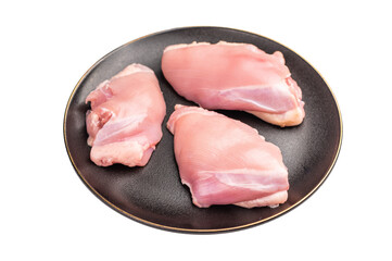 Raw Chicken thigh fillet meat, Skinless boneless poultry meat on a plate isolated on white background