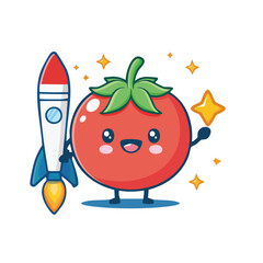 Minimal Flat Vector of a Cute Tomato Holding Missile with Happy Expression No Gradients Clean Style