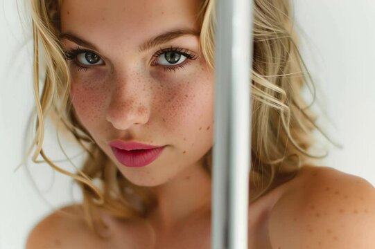 Blonde Stripperin an Poledance Stange vor weissem Hintergrund